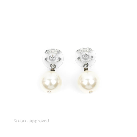 Chanel CC Crystal Pearl Drop Earrings Silver Tone 19V