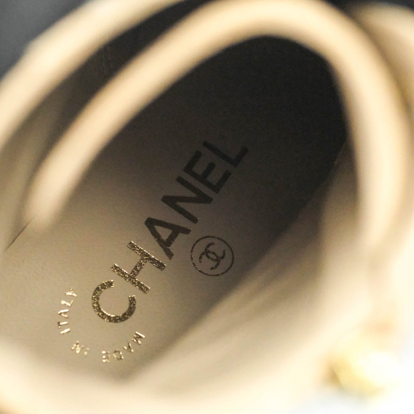 Chanel Beige Black Calfskin CC Lace Up Short Boots 37.5