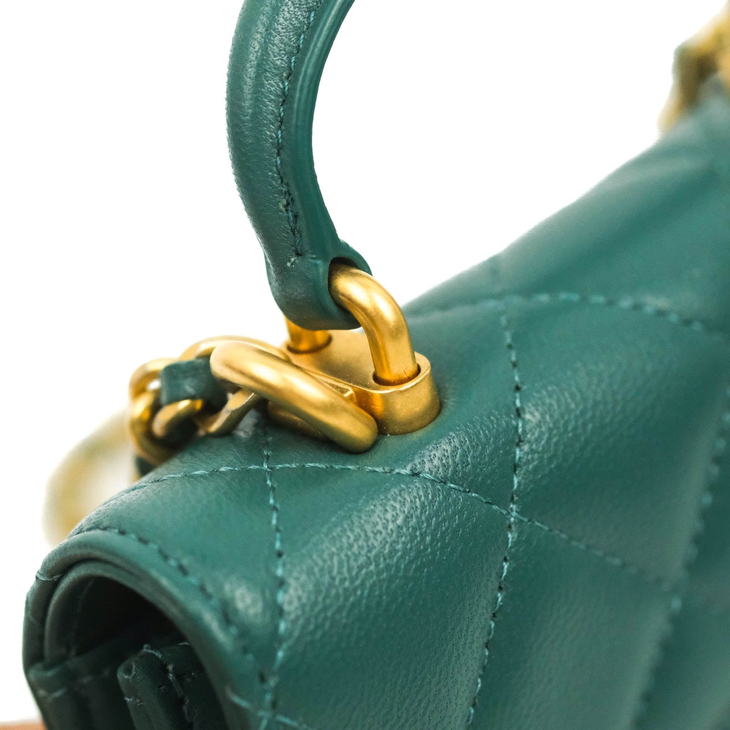 Chanel Mini Handle Flap Coin Purse With Chain Green Lambskin Gold Hardware
