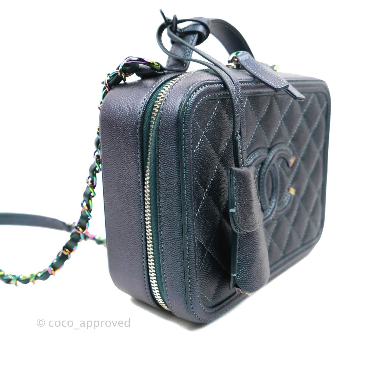 Chanel Quilted Medium CC Filigree Vanity Case Iridescent Dark Turquoise Caviar Rainbow Hardware