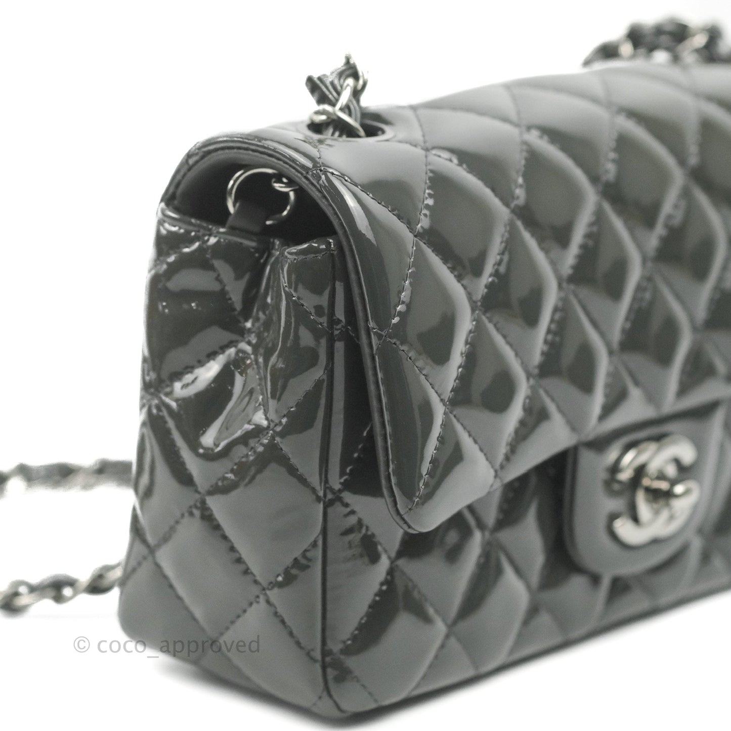 Chanel Quilted Mini Rectangular Dark Grey Patent Silver Hardware