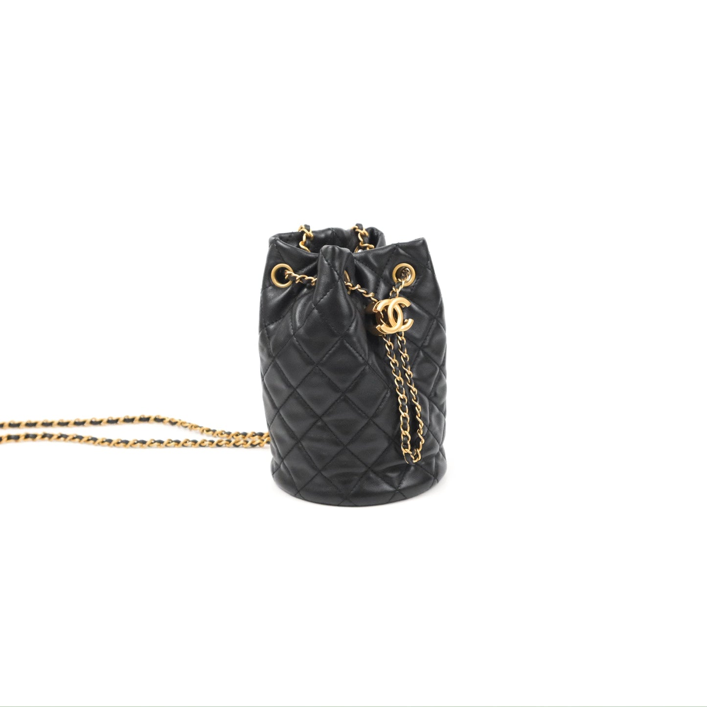 Chanel Pearl Crush Bucket Bag Black Lambskin Aged Gold Hardware 22S