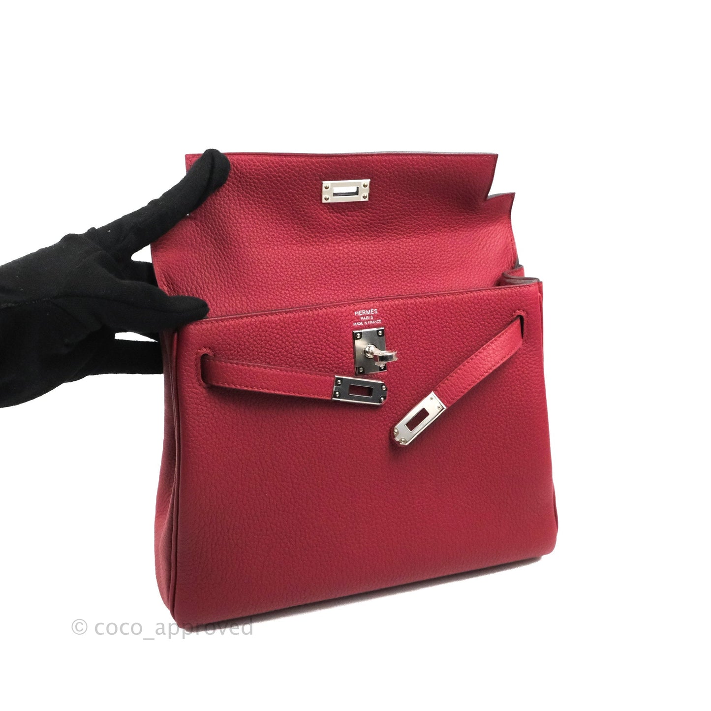 DM/email us to purchase - Hermes Kelly Retourne 25 Togo Rouge Grenat K1 Palladium Hardware