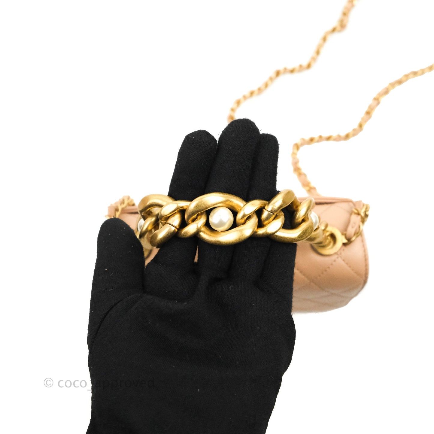 Chanel Pearl Chain Bag Pink Calfskin Aged Gold Hardware