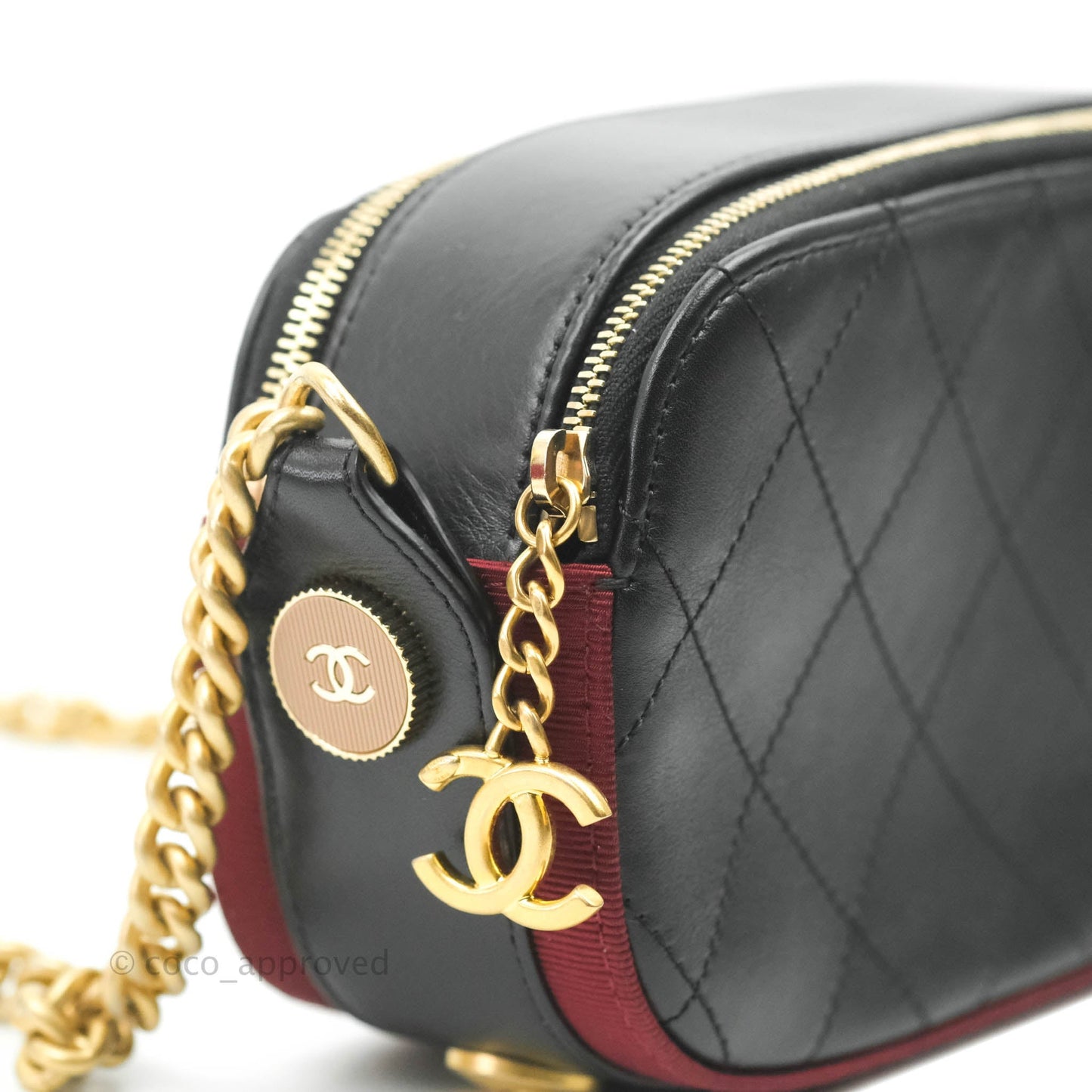 Chanel Small Button Up Camera Case Bag Black Calfskin Grosgrain Aged Gold Hardware
