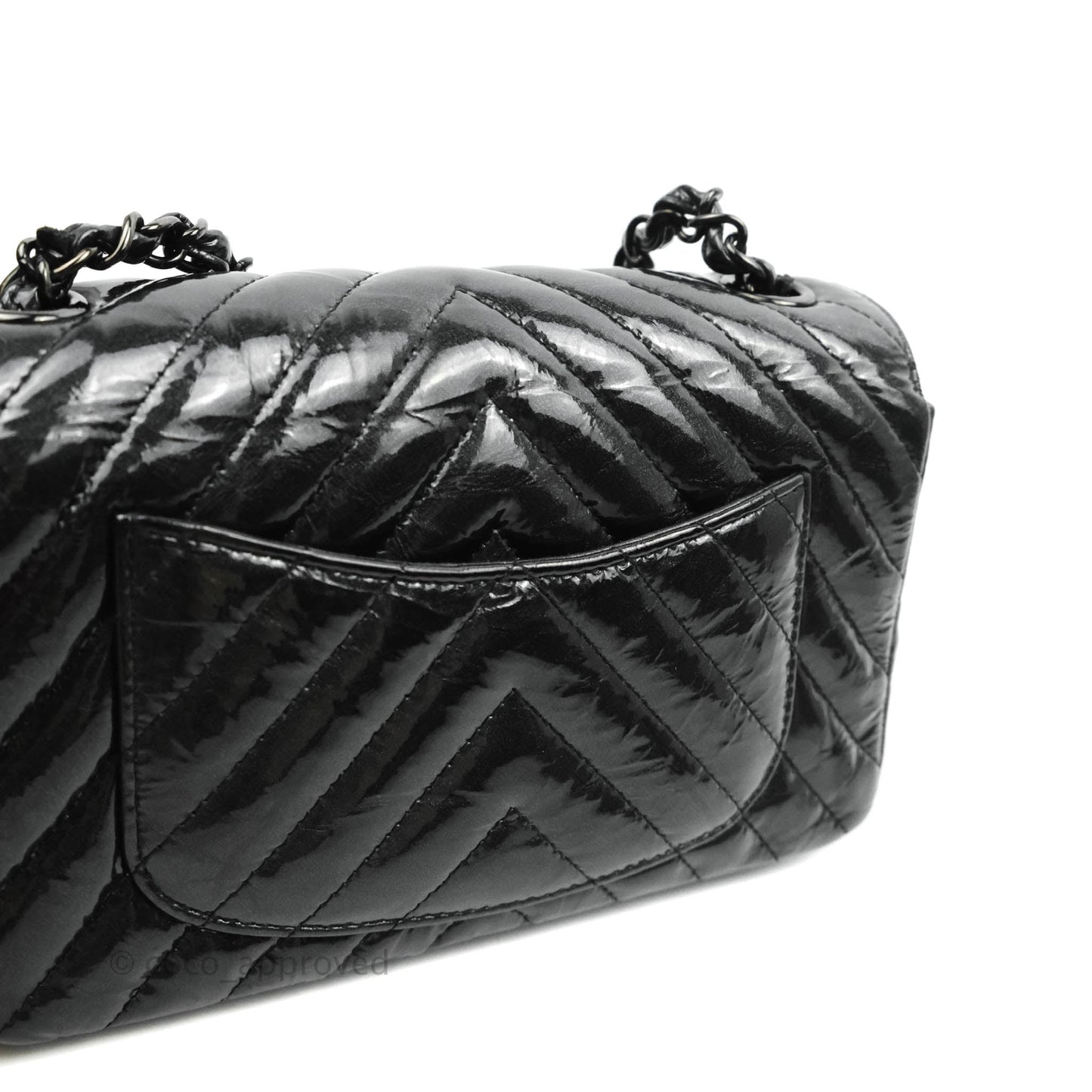 Chanel Chevron Mini Rectangular Flap Black Crumpled Patent So Black Hardware