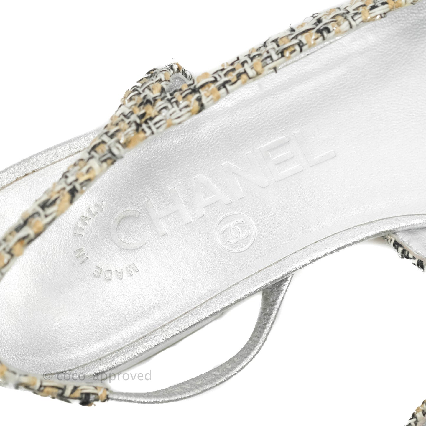 Chanel Classic Slingback Tweed and Silver Calfskin Size 36C