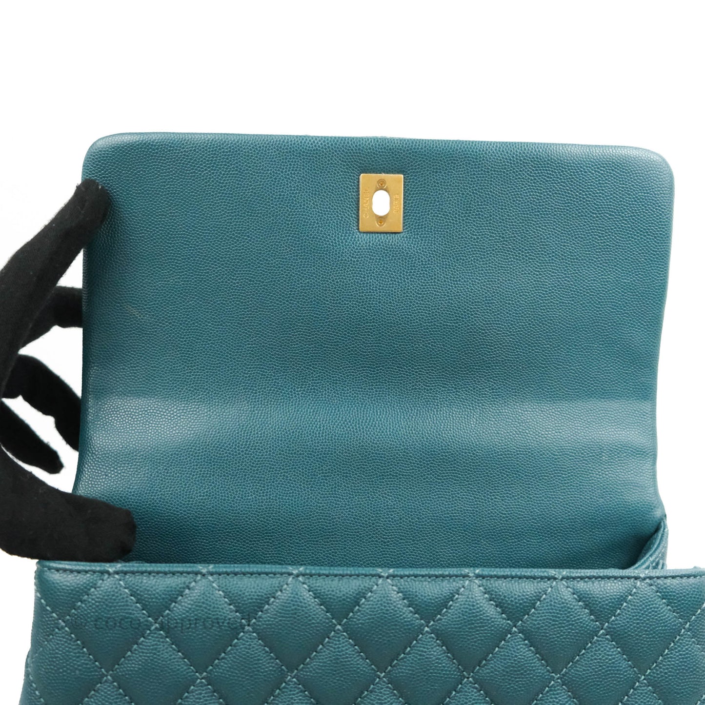 Chanel Medium Coco Handle Quilted Teal Caviar Lizard Handle Aged Gold Hardware