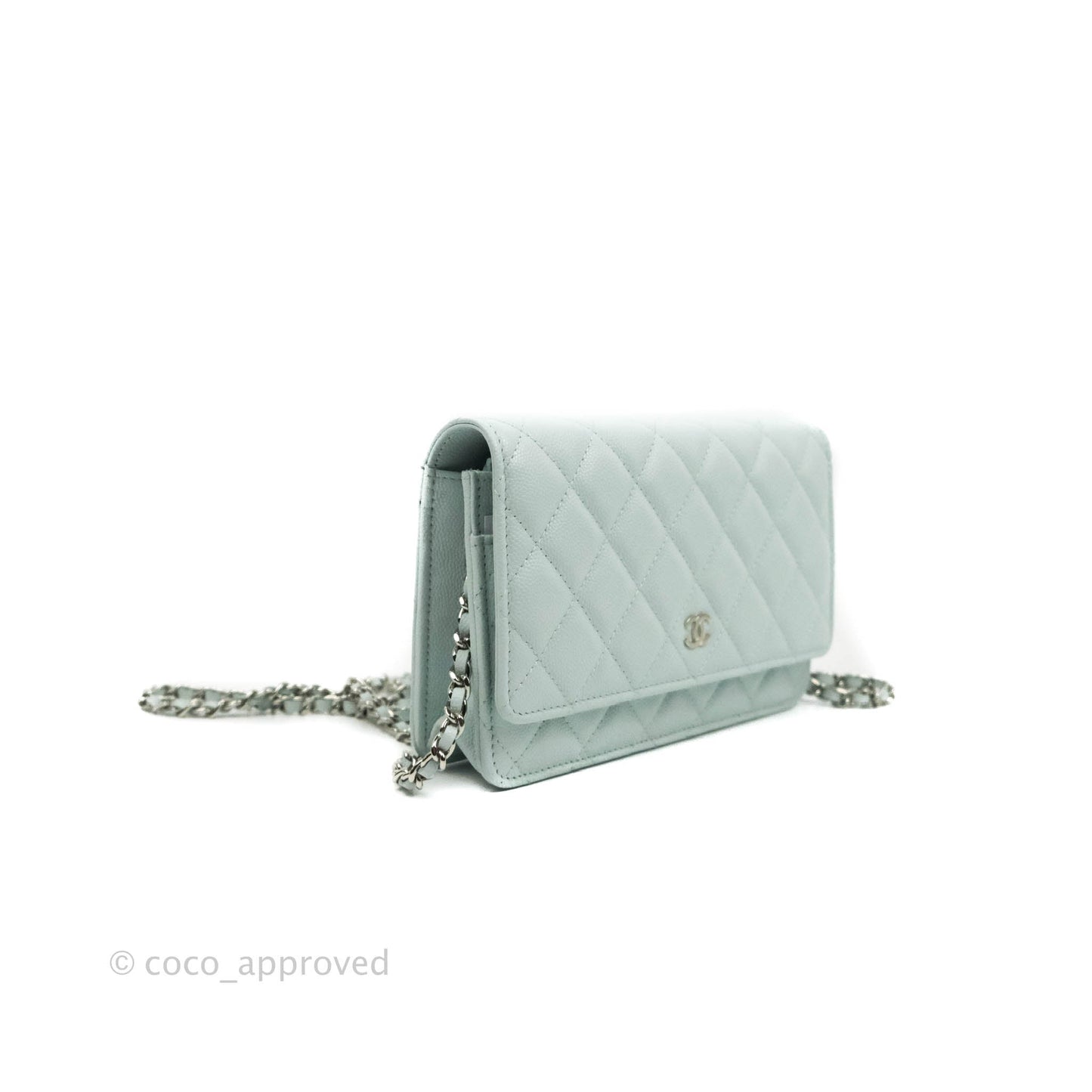 Chanel Quilted Classic Wallet on Chain WOC Light Blue Caviar Silver Hardware