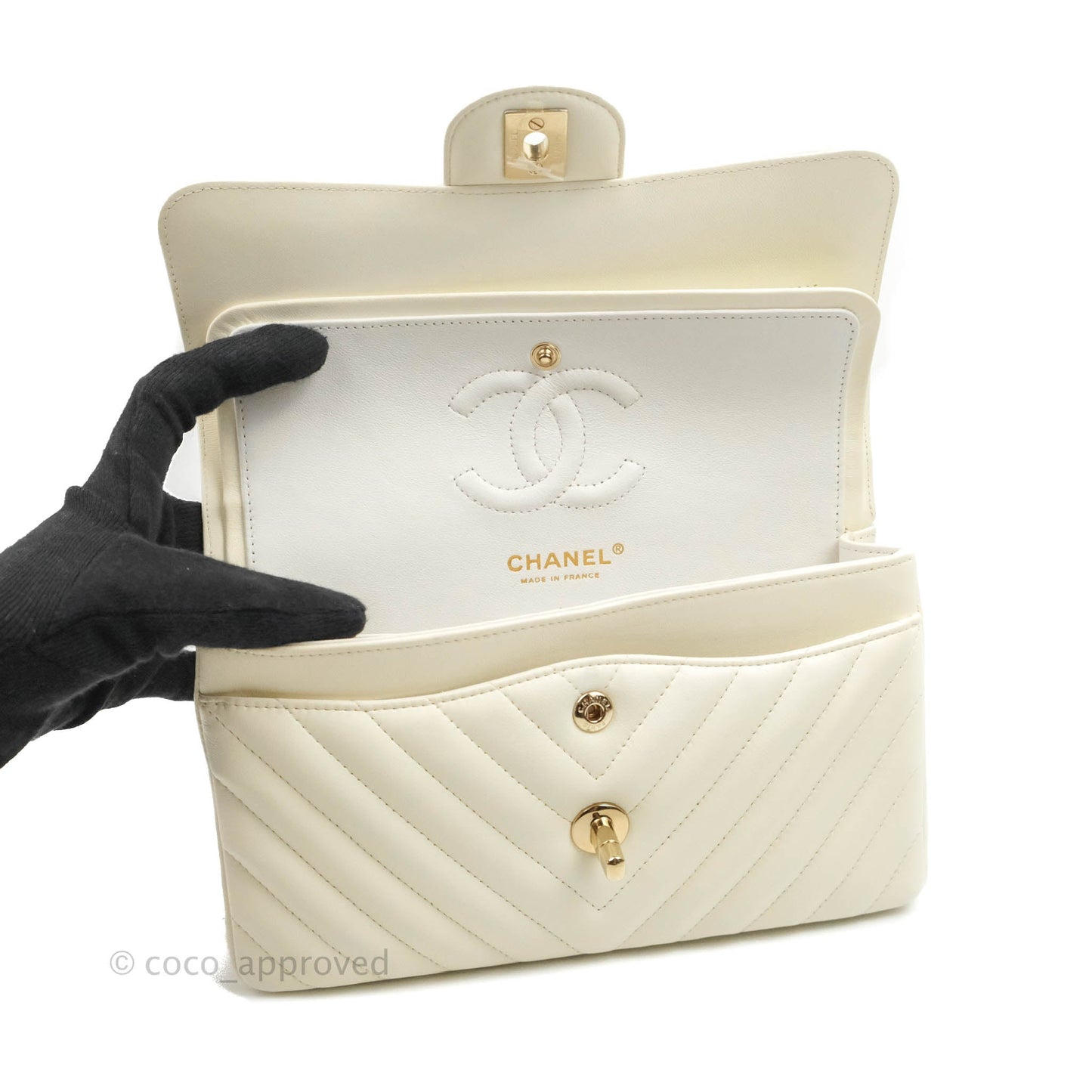 Chanel Classic Chevron S/M Small Double Flap Ivory White Lambskin Gold Hardware