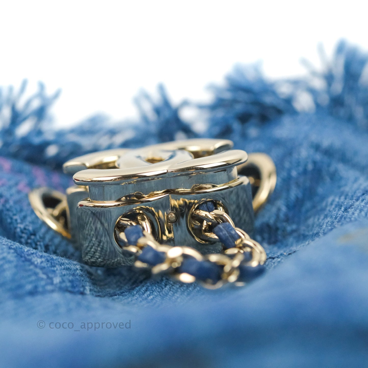 Chanel Mood Denim Mini Bucket Bag with Chain Blue Gold Hardware
