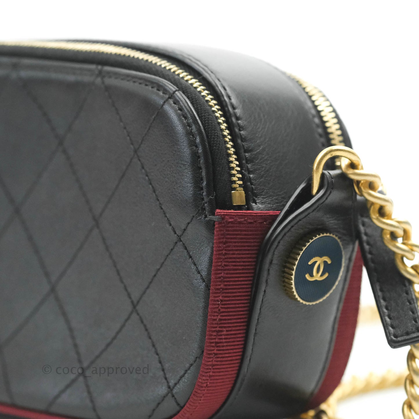 Chanel Small Button Up Camera Case Bag Black Calfskin Grosgrain Aged Gold Hardware