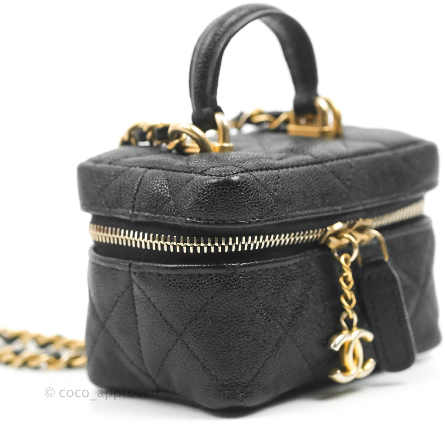Chanel Quilted Mini Top Handle Vanity With Chain Black Caviar Aged Gold Hardware
