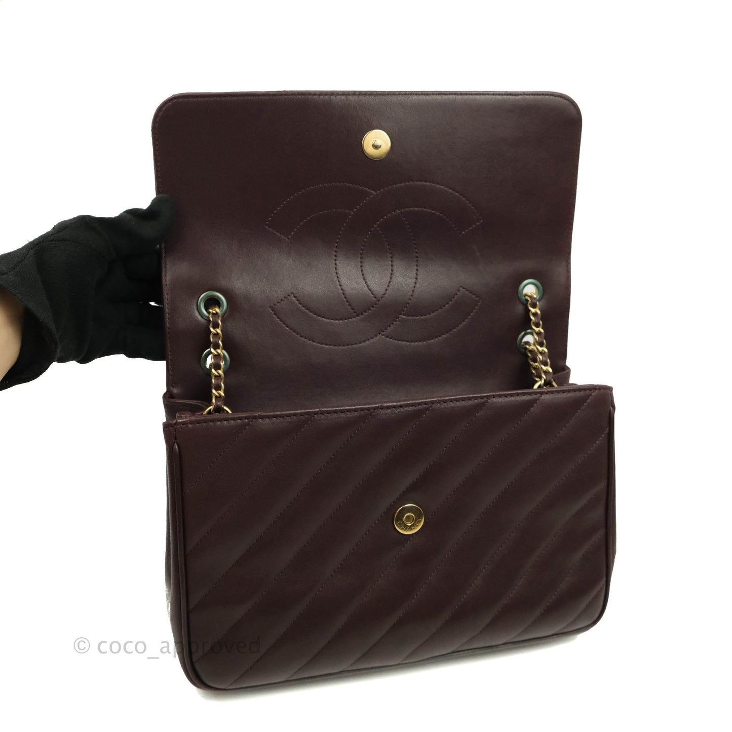 Chanel CC Signature Flap Bag Diagonal Burgundy Calfskin Aged Gold Hardware