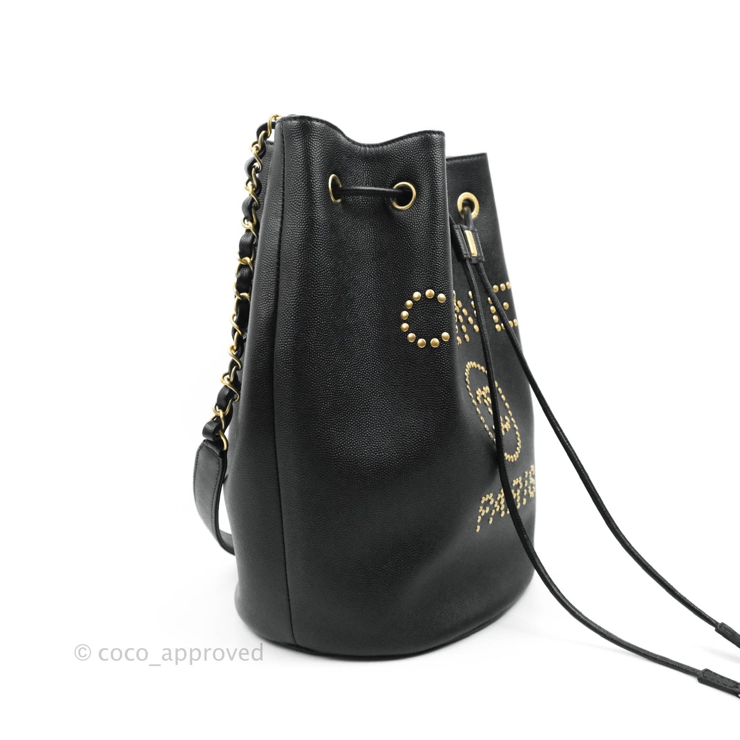 Chanel Studded Deauville Drawstring Bucket Bag Black Caviar