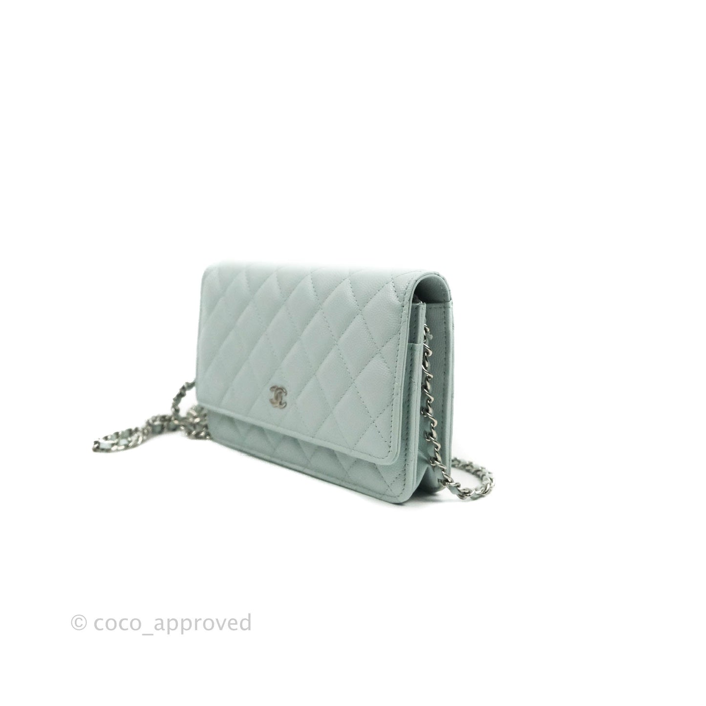 Chanel Quilted Classic Wallet on Chain WOC Light Blue Caviar Silver Hardware