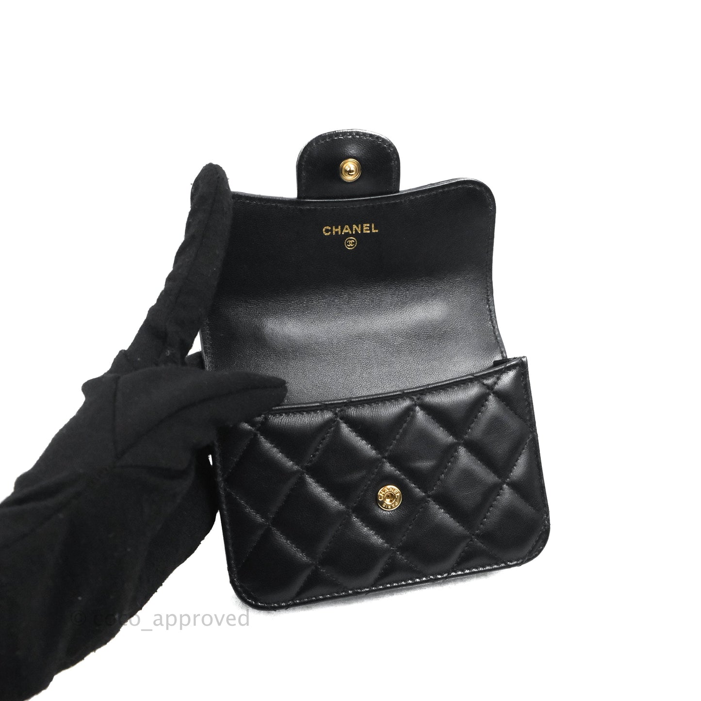 Chanel Mini Handle Flap Coin Purse With Chain Black Lambskin Gold Hardware