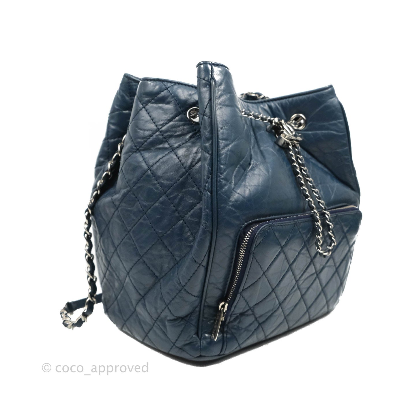 Chanel Drawstring Bucket Bag Dark Blue Aged Calfskin Silver Hardware