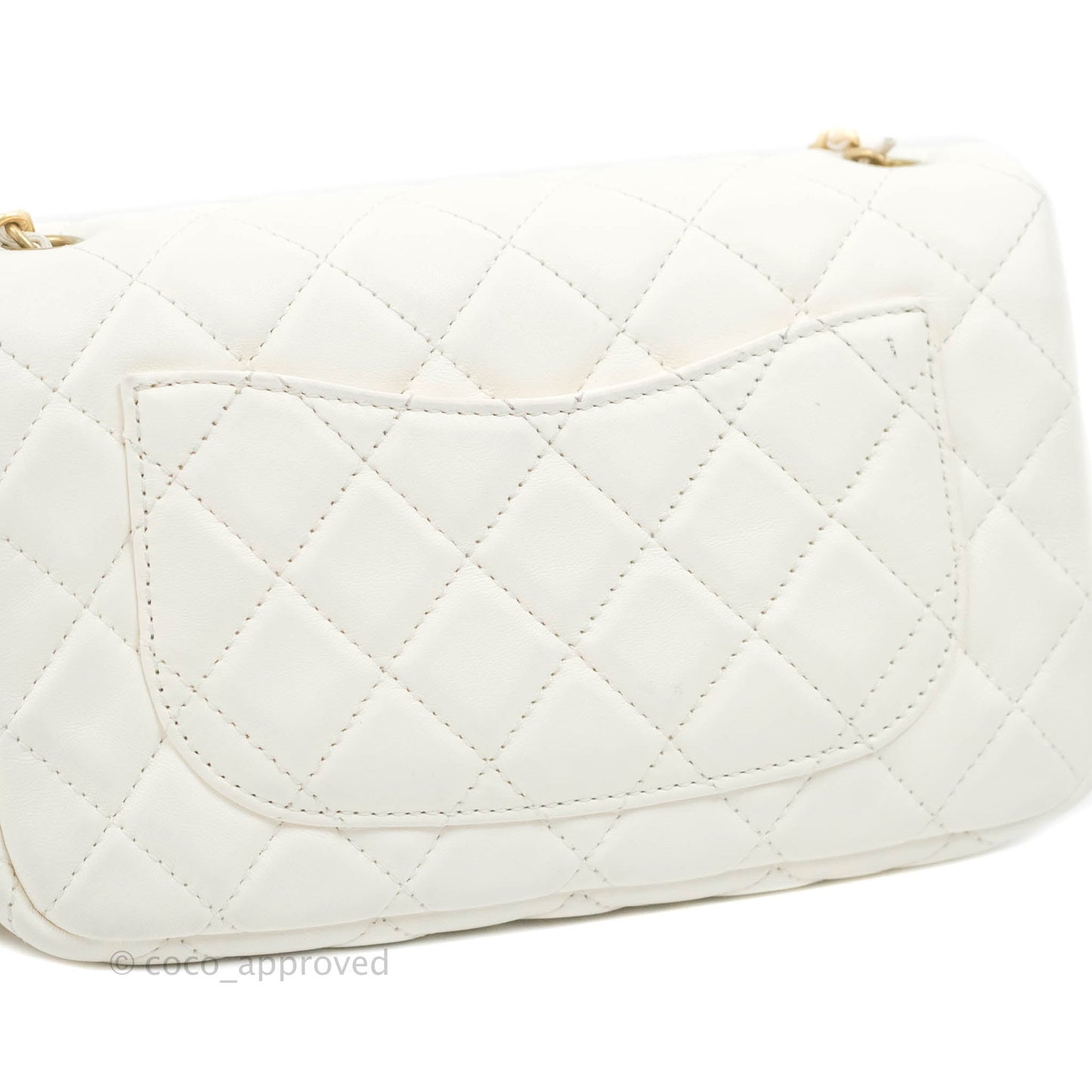 Chanel Mini Rectangular Pearl Crush Quilted White Lambskin Aged Gold Hardware