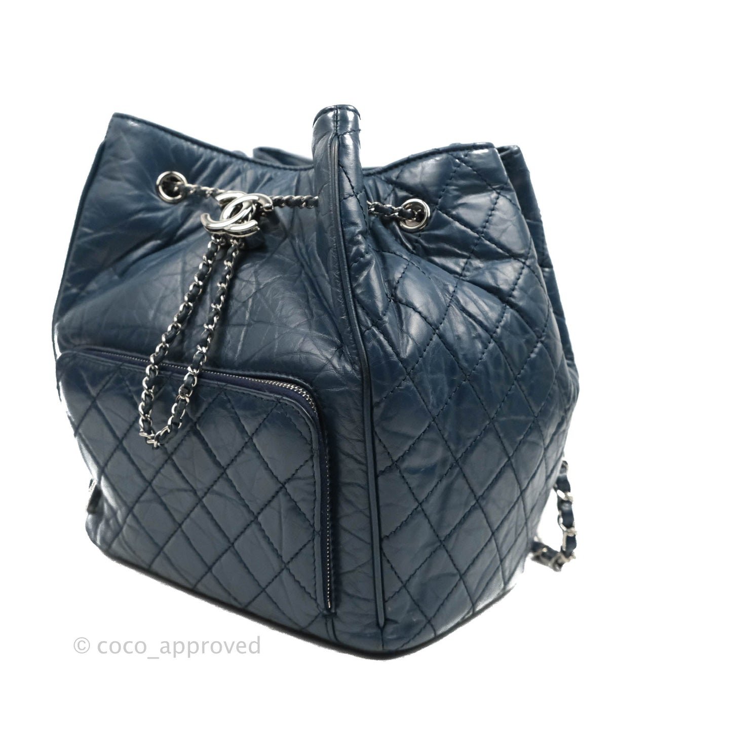 Chanel Drawstring Bucket Bag Dark Blue Aged Calfskin Silver Hardware