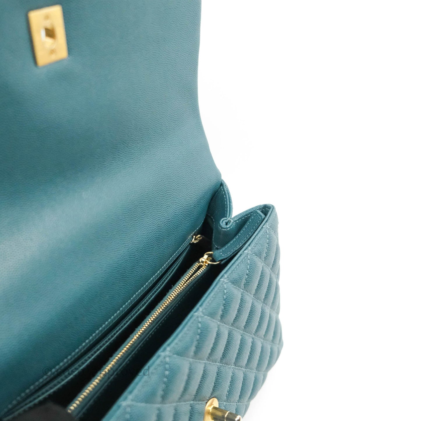 Chanel Medium Coco Handle Quilted Teal Caviar Lizard Handle Aged Gold Hardware