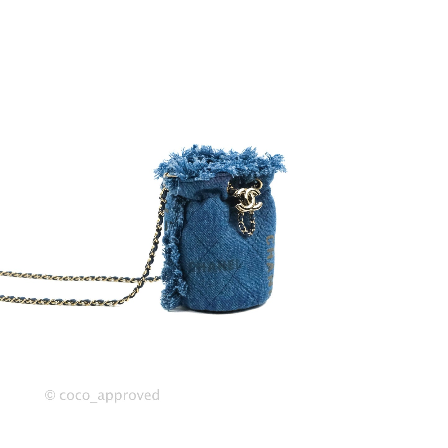 Chanel Mood Denim Mini Bucket Bag with Chain Blue Gold Hardware