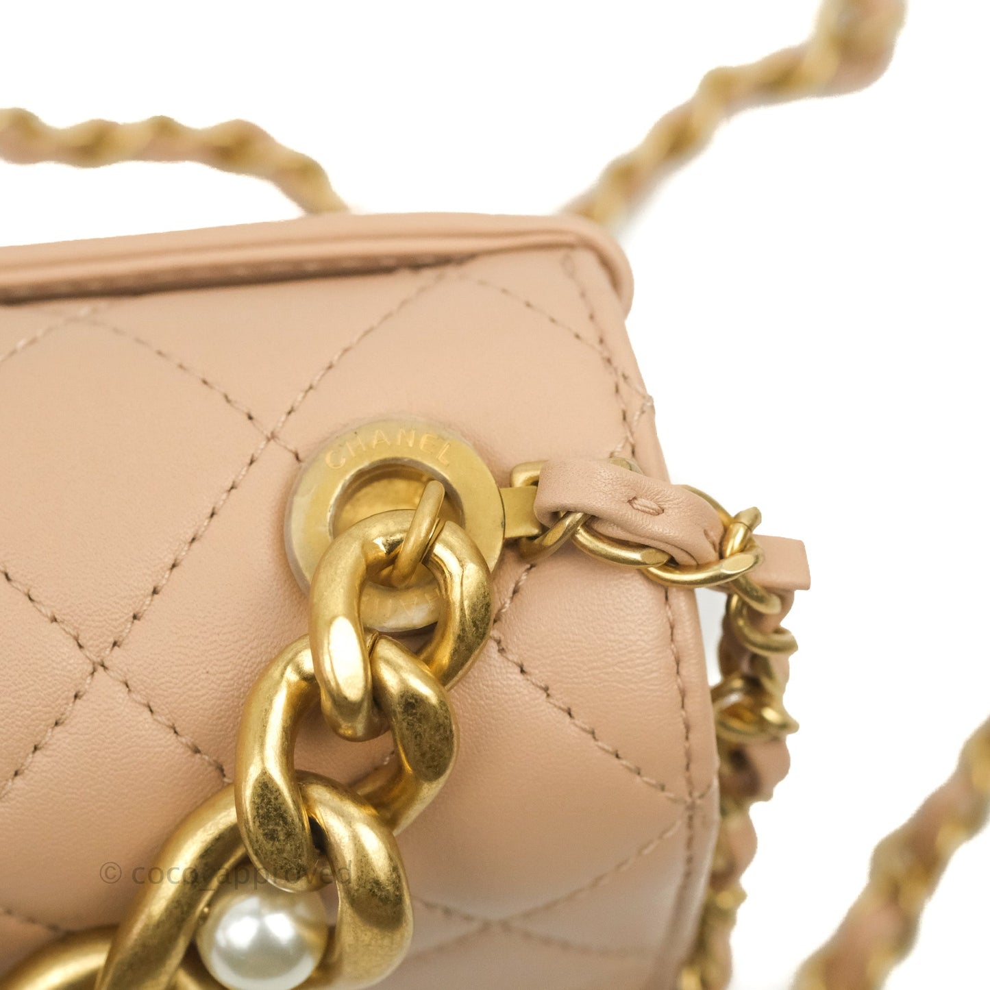Chanel Pearl Chain Bag Pink Calfskin Aged Gold Hardware