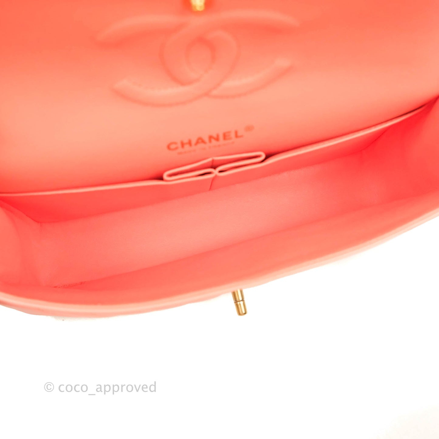 Chanel Classic M/L Medium Chevron Double Flap Coral Pink Lambskin Aged Gold Hardware