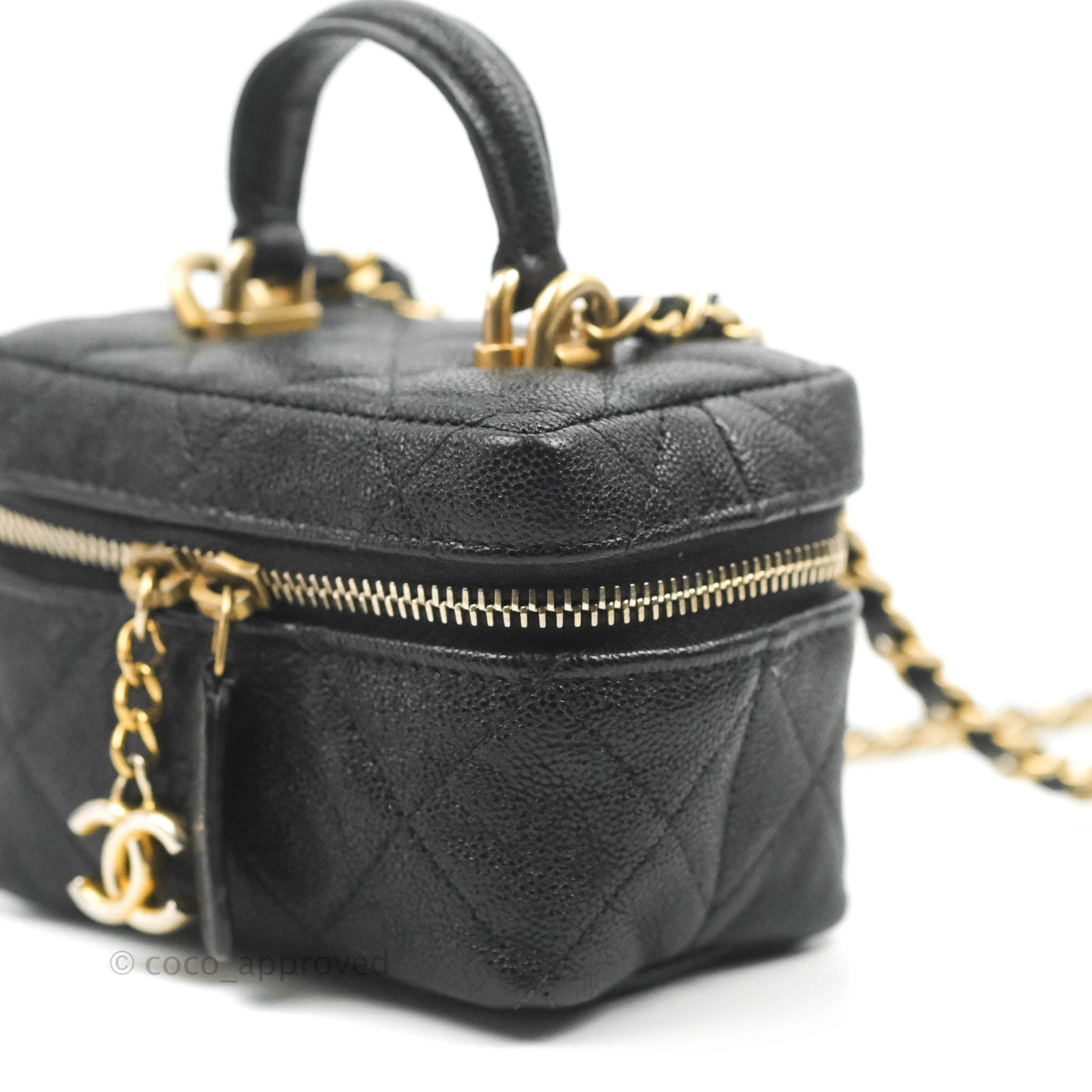 Chanel Quilted Mini Top Handle Vanity With Chain Black Caviar Aged Gold Hardware