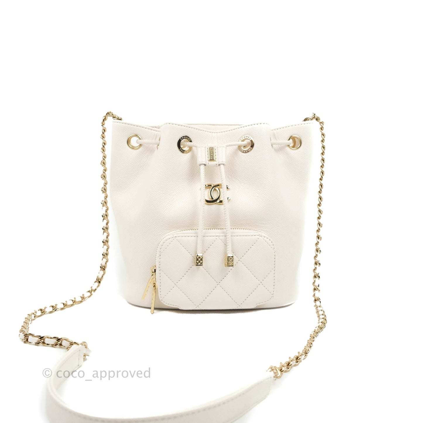 Chanel Business Affinity Drawstring Bucket Bag White Caviar Gold Hardware
