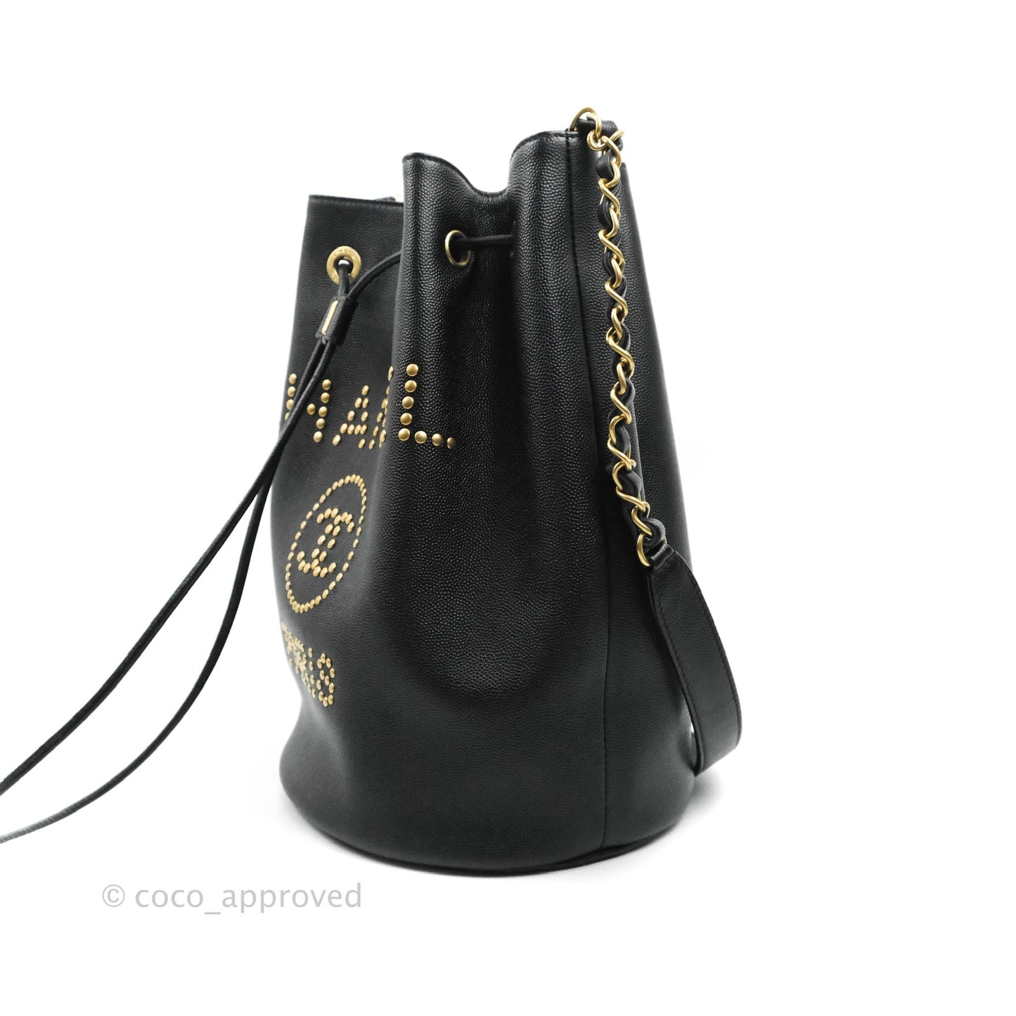 Chanel Studded Deauville Drawstring Bucket Bag Black Caviar