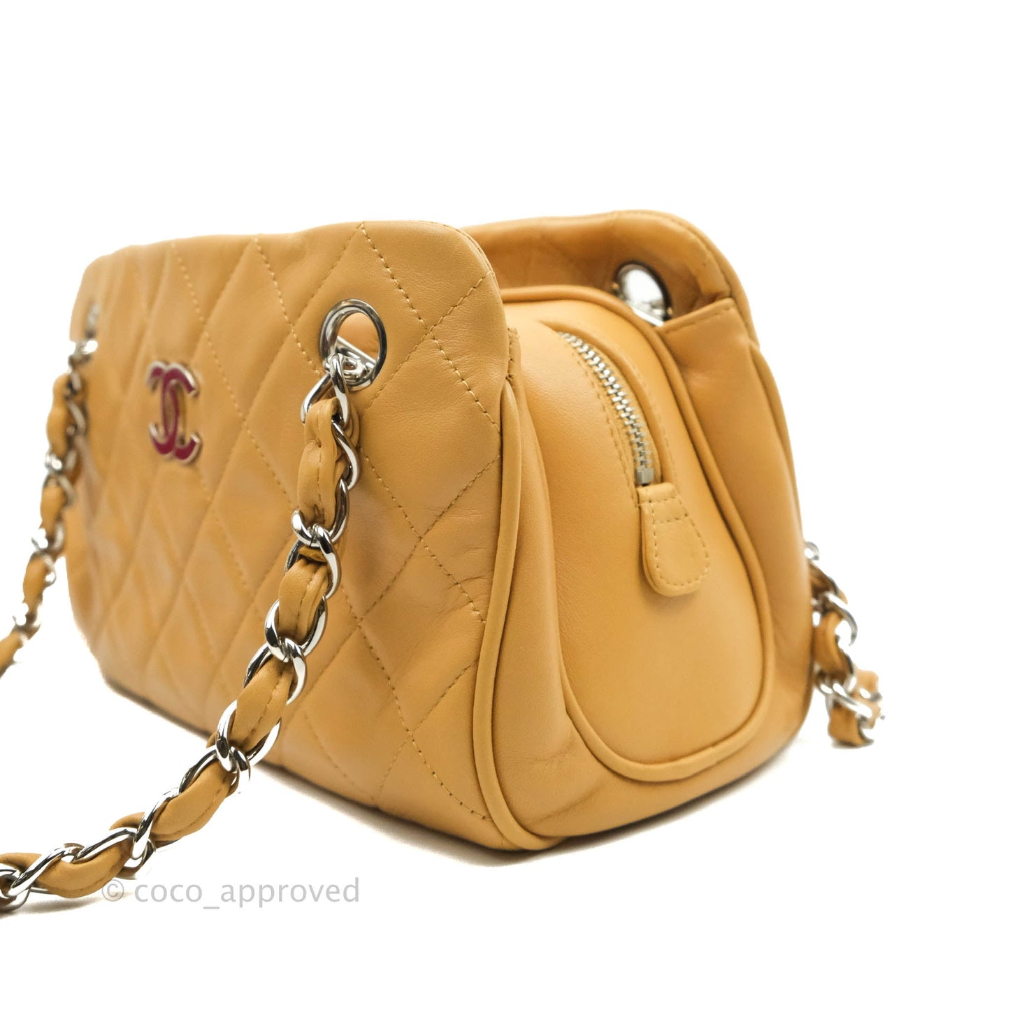 Chanel Quilted Bowling Bag Beige Lambskin Silver Hardware
