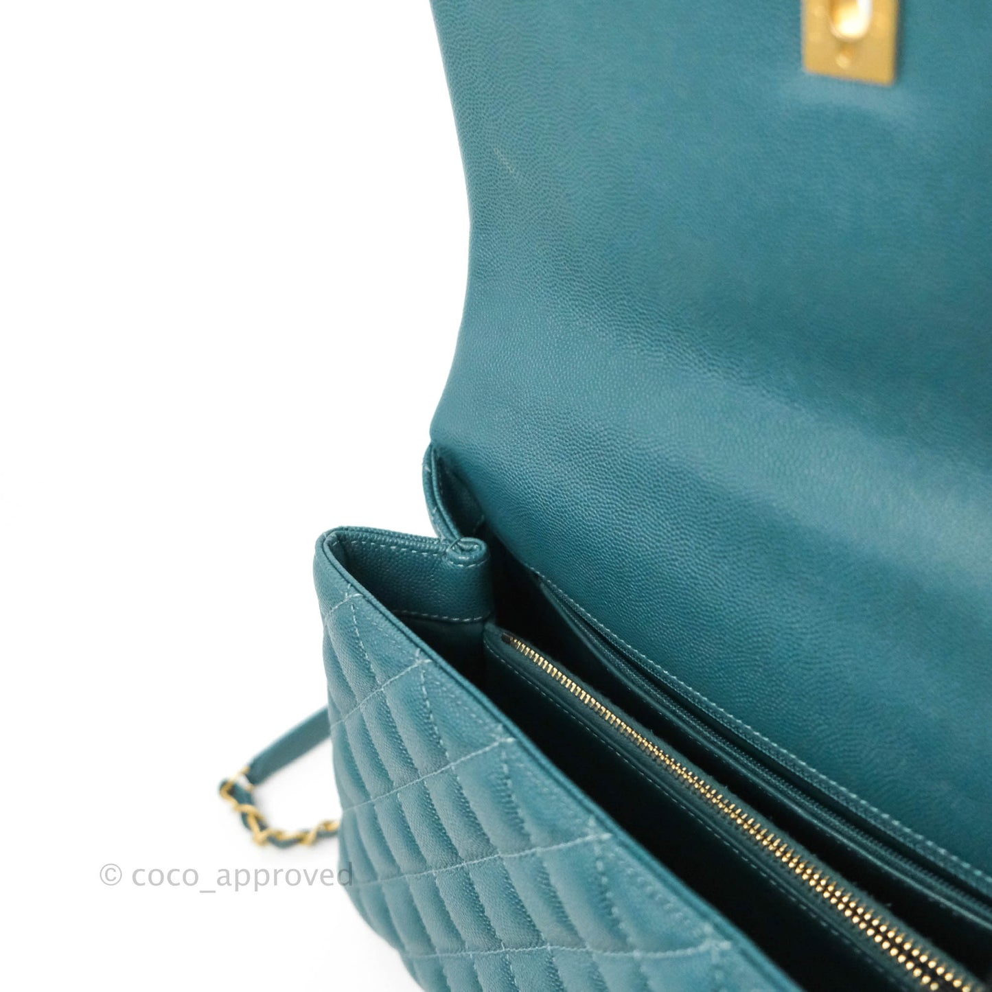 Chanel Medium Coco Handle Quilted Teal Caviar Lizard Handle Aged Gold Hardware
