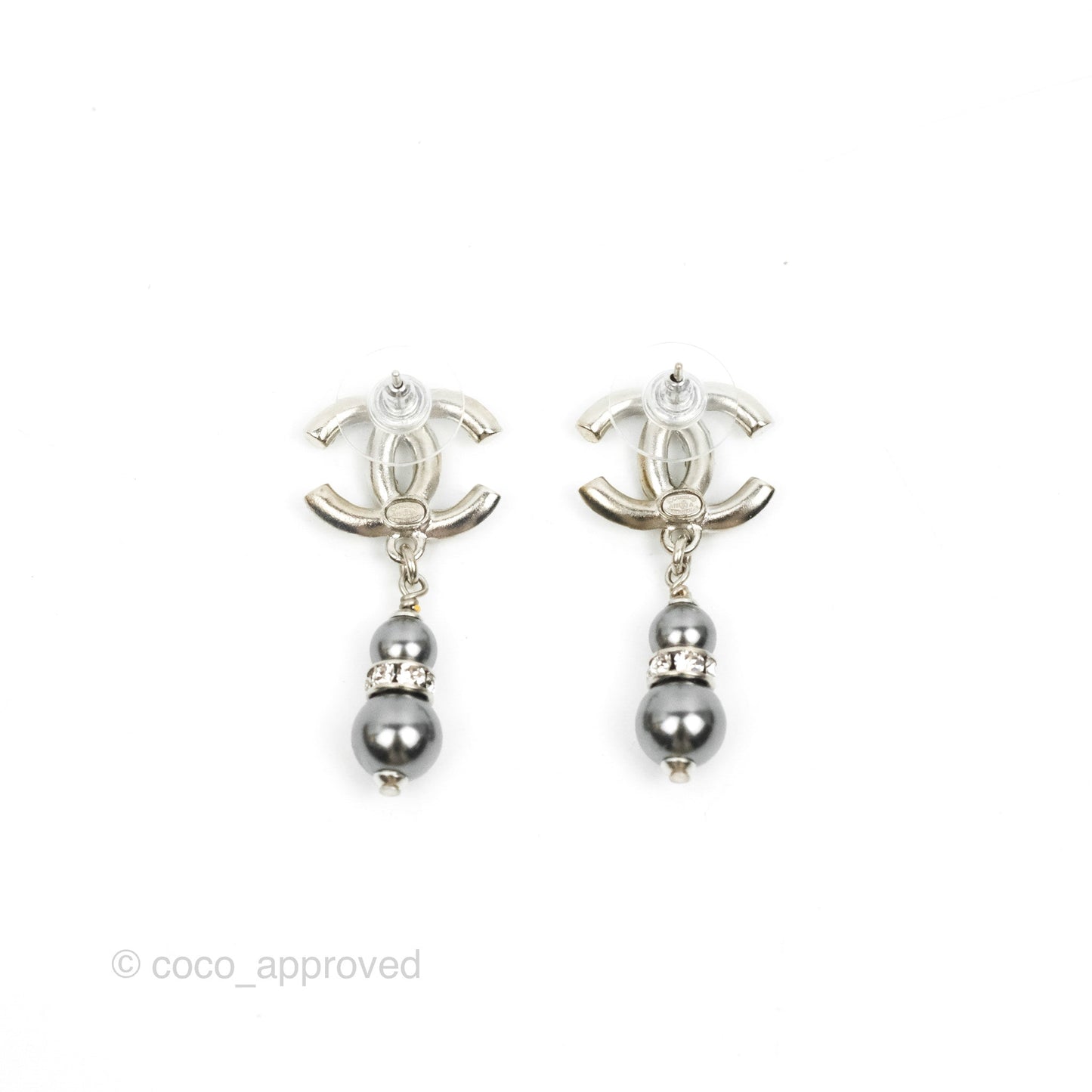 Chanel Crystal CC Drop Earrings Silver Tone 18A