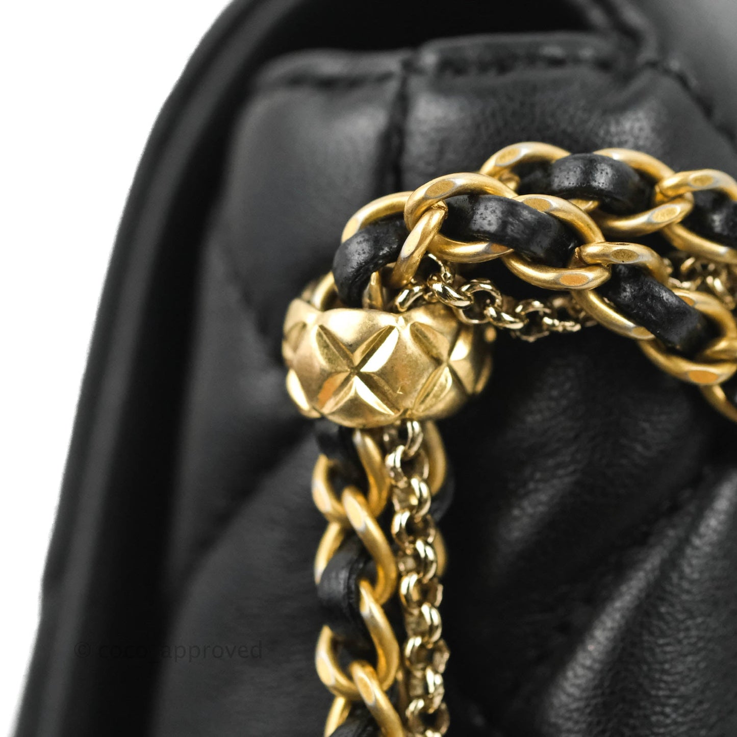 Chanel Mini Flap Bag With Pearl And Woven Chain CC Logo Black Lambskin Aged Gold Hardware 21B
