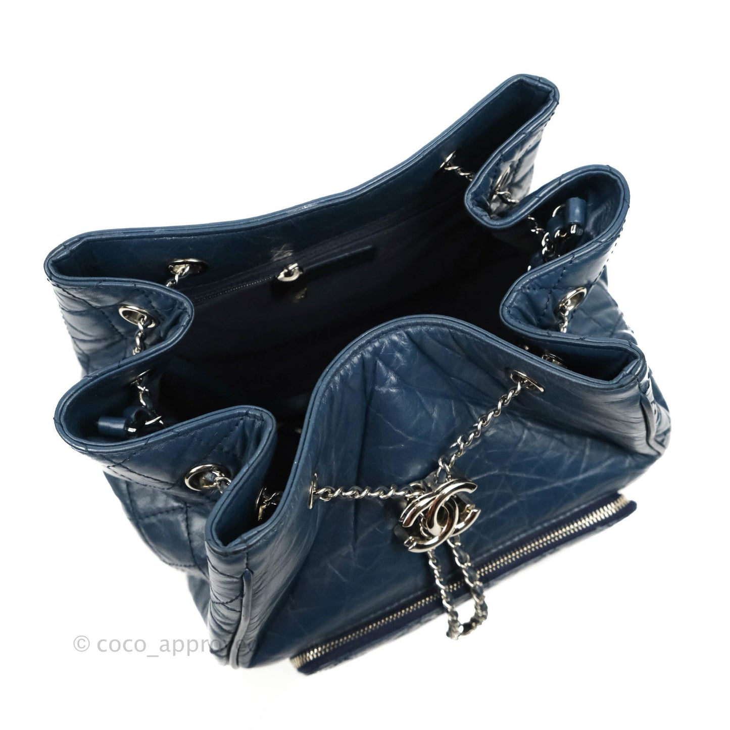 Chanel Drawstring Bucket Bag Dark Blue Aged Calfskin Silver Hardware