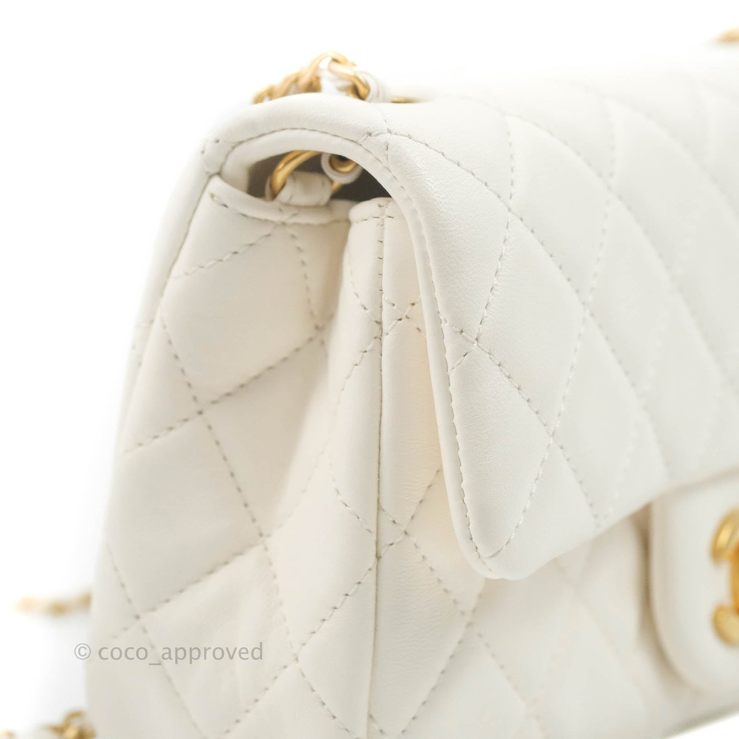 Chanel Mini Rectangular Pearl Crush Quilted White Lambskin Aged Gold Hardware