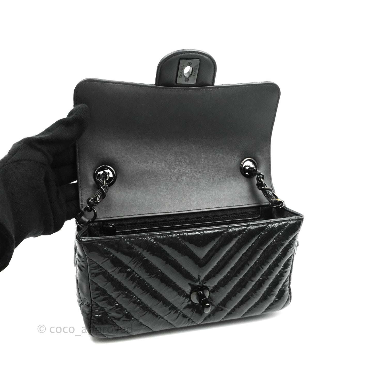 Chanel Chevron Mini Rectangular Flap Black Crumpled Patent So Black Hardware