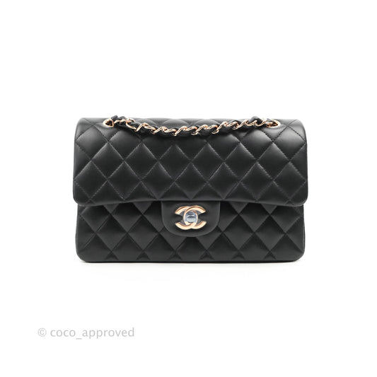 Chanel Classic Small S/M Flap Black Lambskin Rose Pink-Gold Hardware