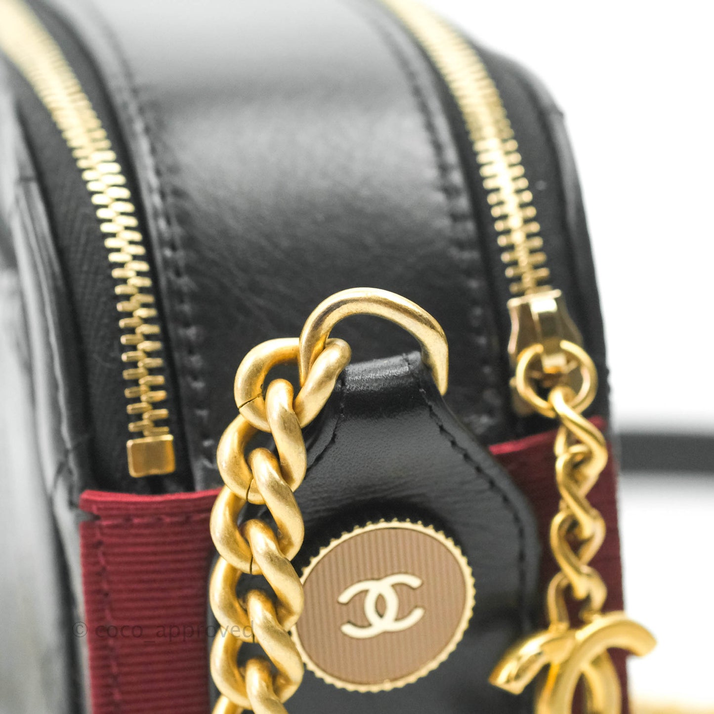 Chanel Small Button Up Camera Case Bag Black Calfskin Grosgrain Aged Gold Hardware