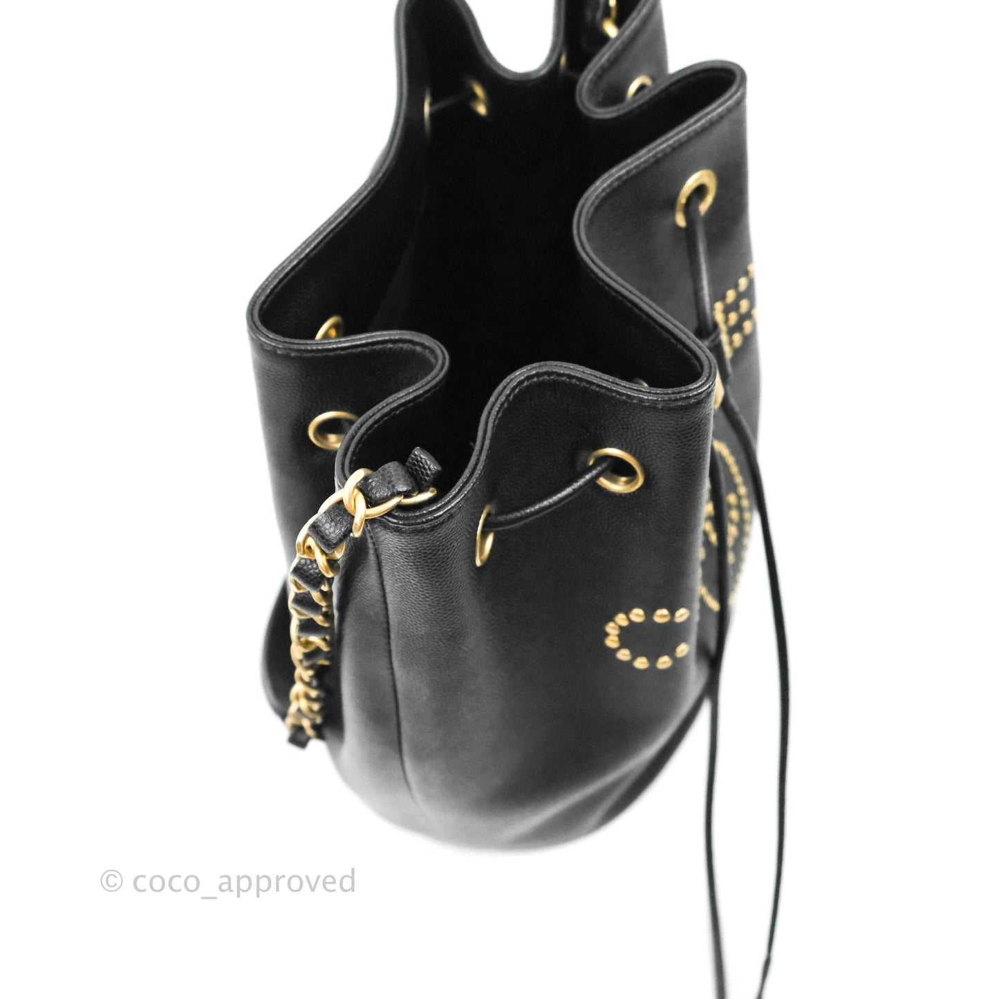 Chanel Studded Deauville Drawstring Bucket Bag Black Caviar