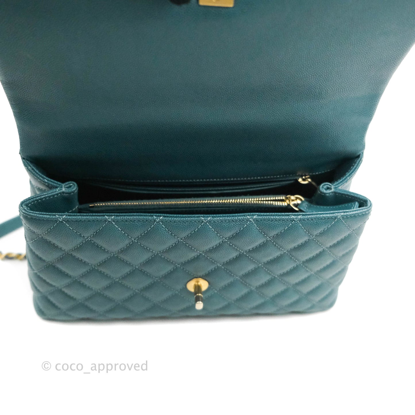 Chanel Medium Coco Handle Quilted Teal Caviar Lizard Handle Aged Gold Hardware