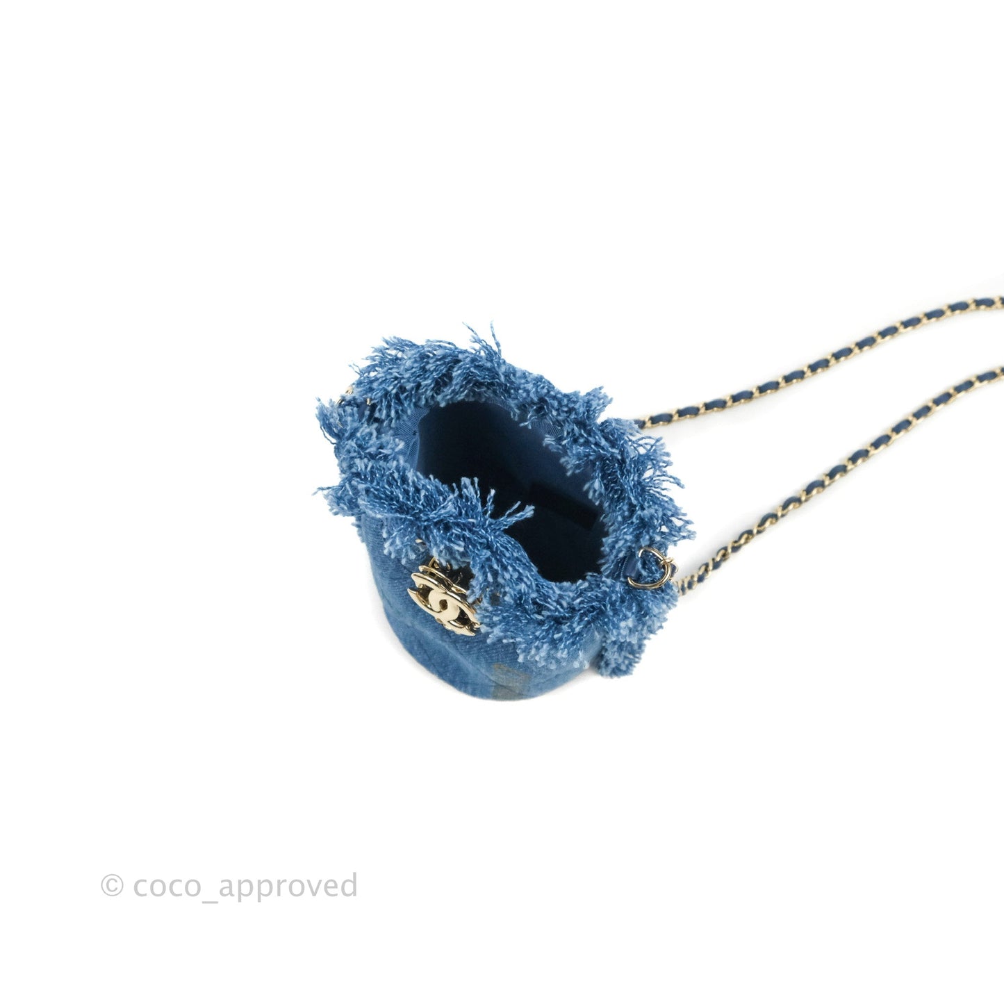 Chanel Mood Denim Mini Bucket Bag with Chain Blue Gold Hardware