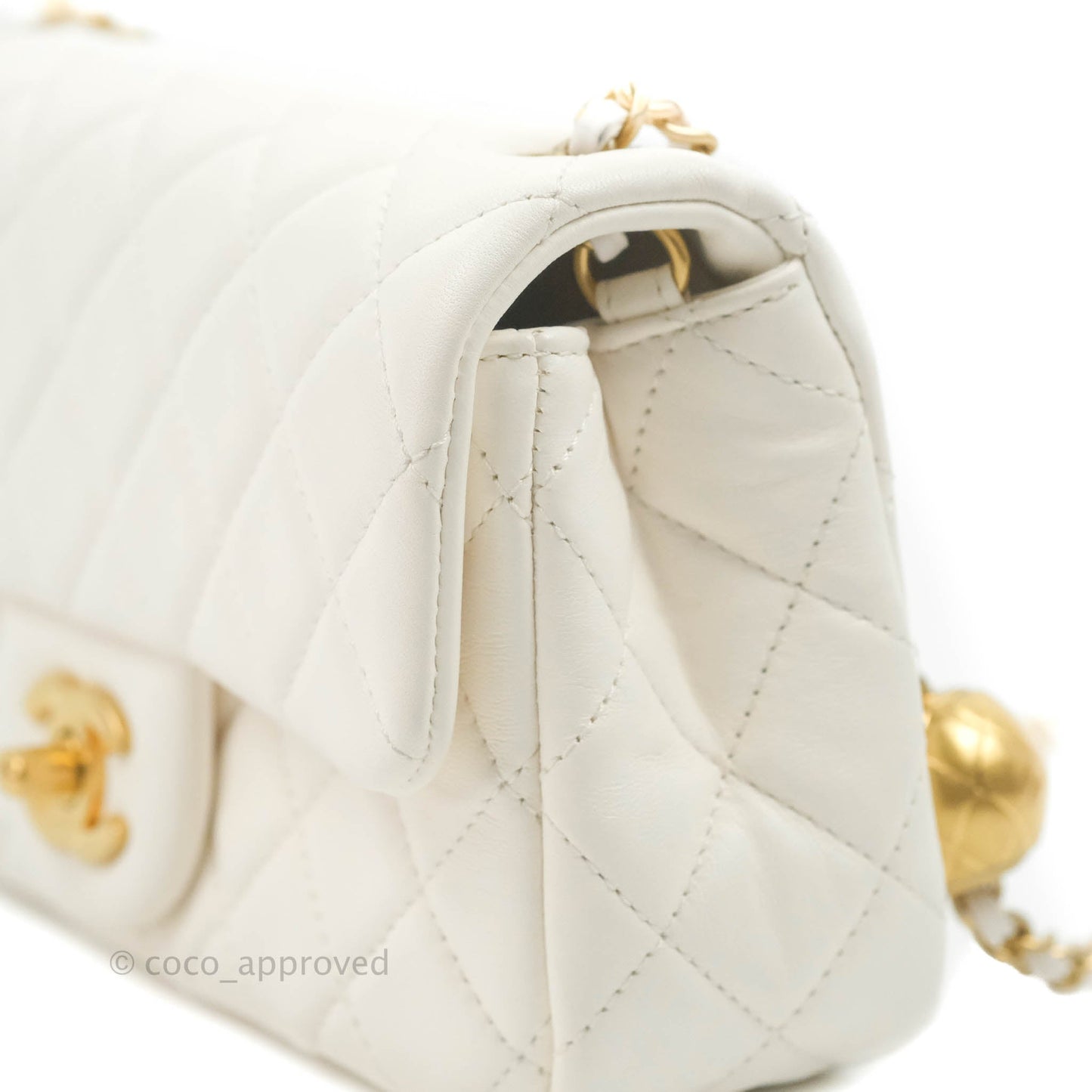 Chanel Mini Rectangular Pearl Crush Quilted White Lambskin Aged Gold Hardware
