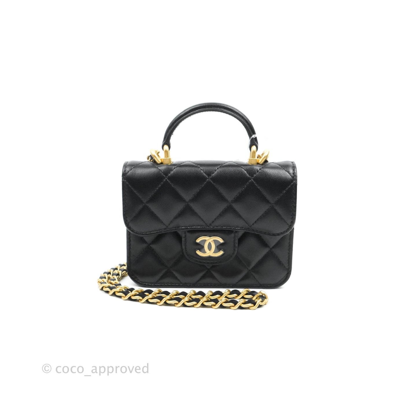 Chanel Flap Coin Purse With Chain Black Lambskin Aged Gold Hardware