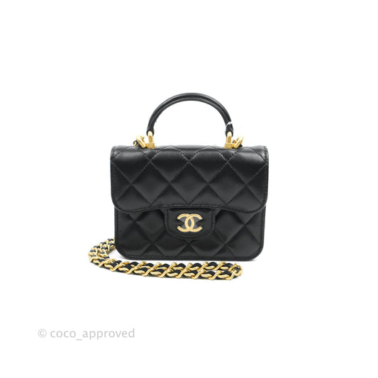 Chanel Flap Coin Purse With Chain Black Lambskin Aged Gold Hardware