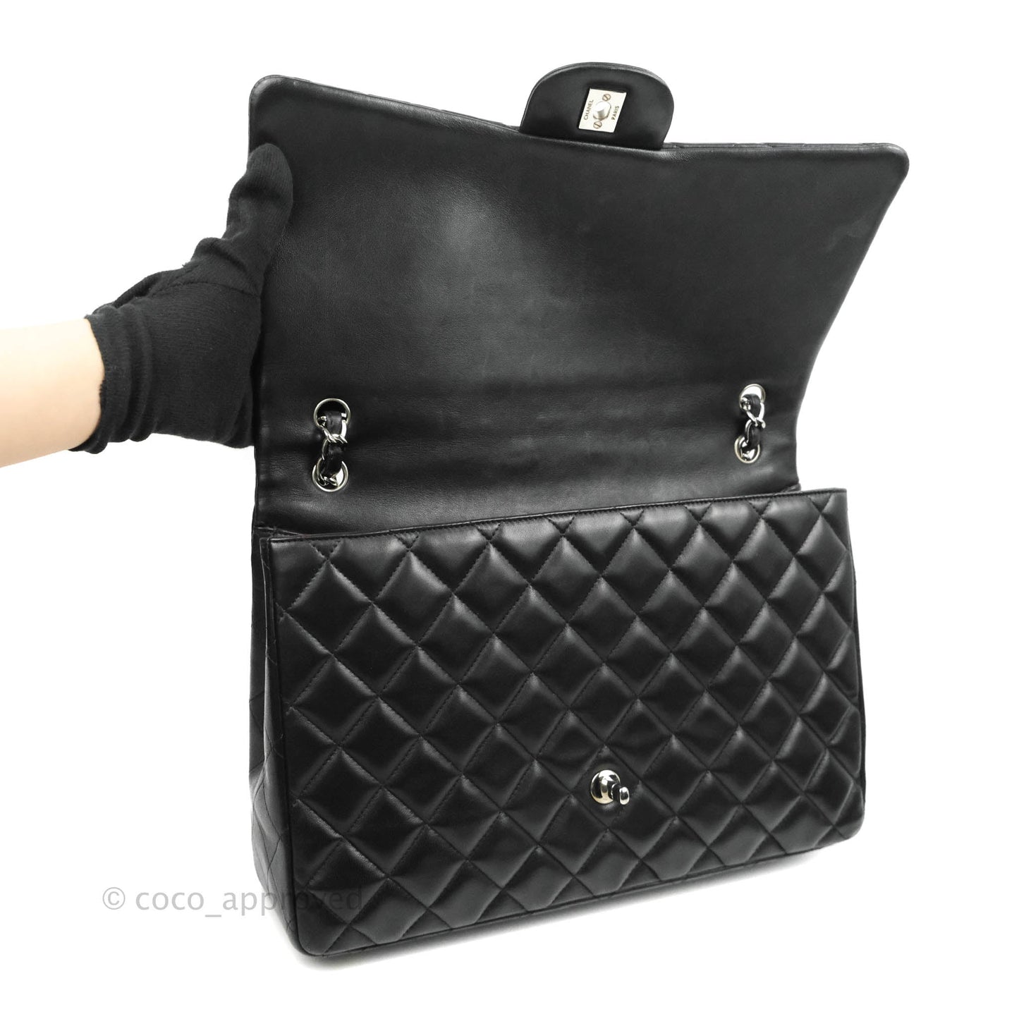 Chanel Quilted Maxi Single Flap Black Lambskin Silver Hardware