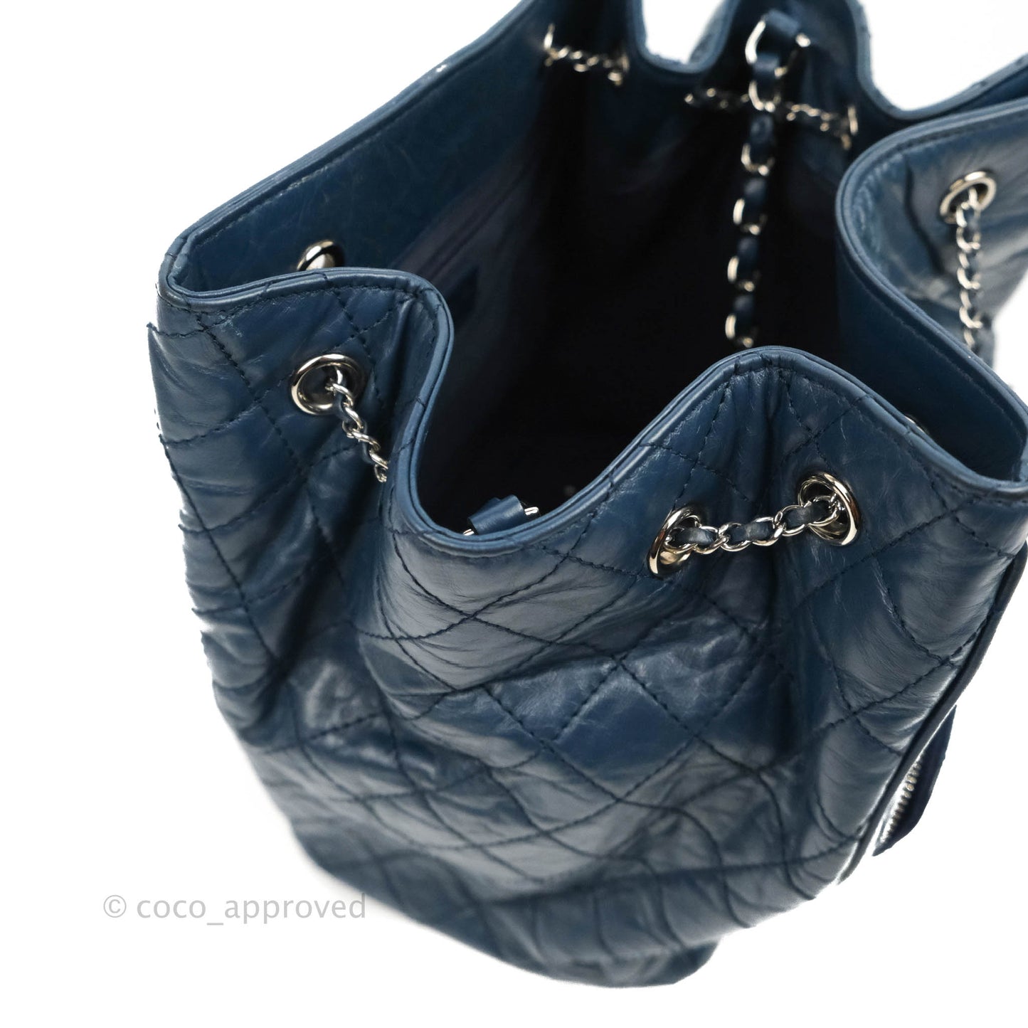 Chanel Drawstring Bucket Bag Dark Blue Aged Calfskin Silver Hardware
