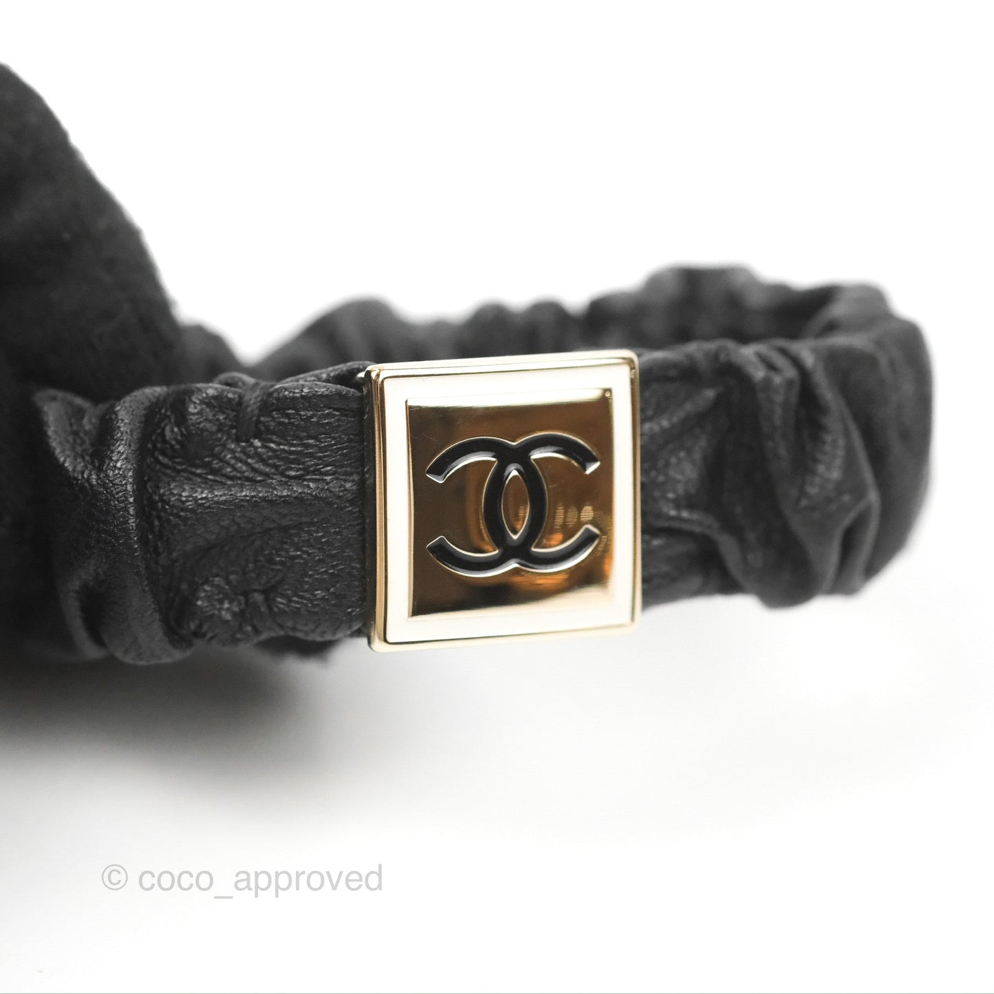 Chanel CC Black Leather Hair Accessory Gold Tone 21B