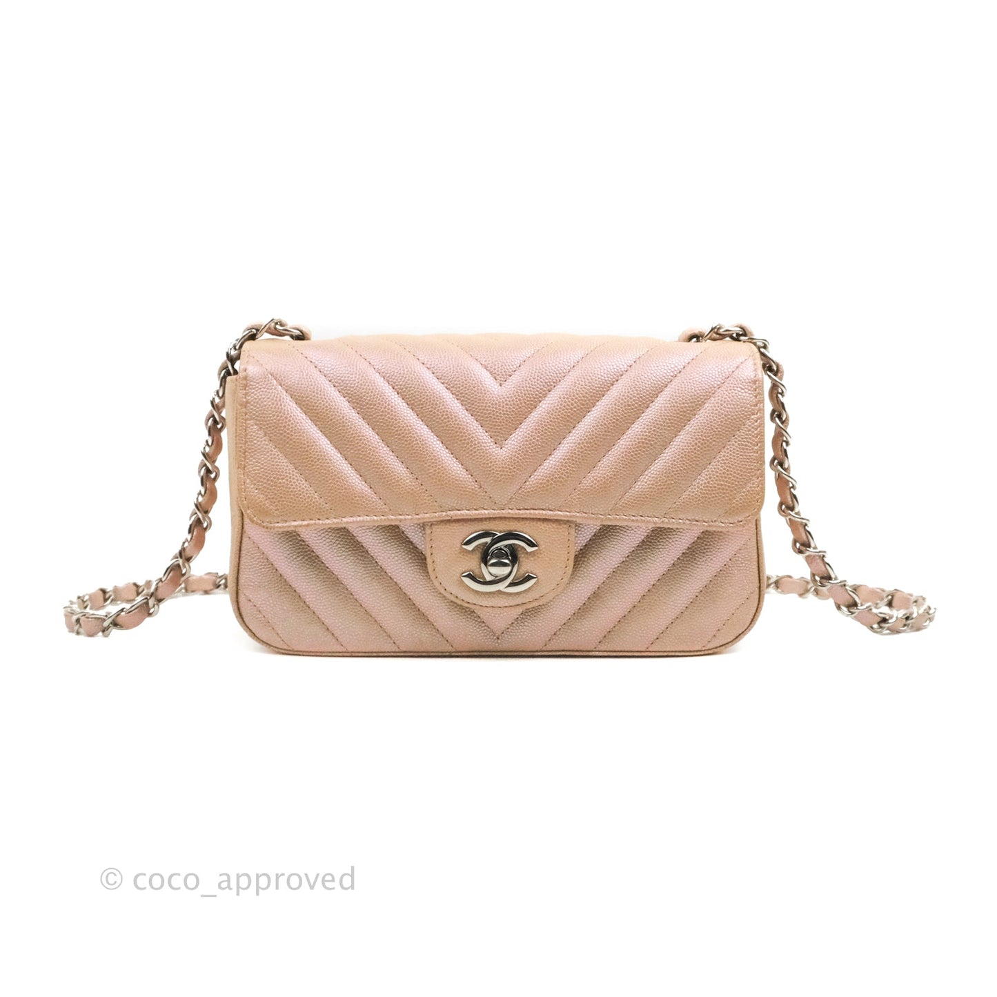 Chanel Quilted Mini Rectangular Flap Iridescent Pink Rose Gold Silver Hardware 17B